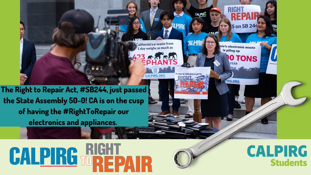 Breaking: #SB244 for the #RightToRepair just passed the #CAleg Assembly! This could make it easier to fix our electronics and appliances. Thank you @SenSusanEggman @CALPIRG @cawrecycles @iFixit. @GavinNewsom it's headed your way!🔧