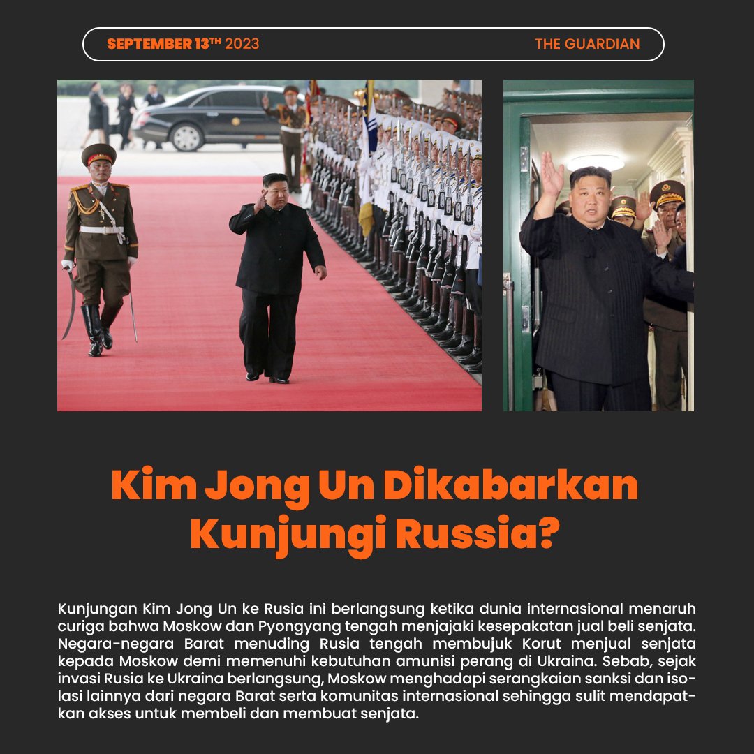 Kim Jong Un tiba di Rusia setelah menempuh perjalanan menggunakan kereta lapis baja dari Ibukota Pyongyang.

Ia Tiba di Stasiun Khasan dan disambut oleh salah satu Pejabat Senior Kremlin, Alexander Kozlov (Menteri SDA).