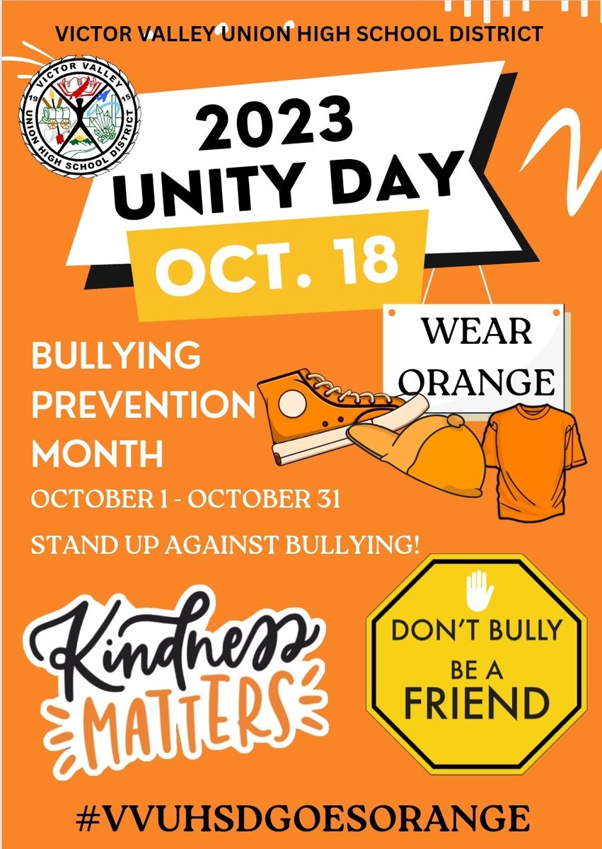 We are almost a month away, but on October 18th ALL OF VVUHSD will go ORANGE with districts across the nation in solidarity, bringing awareness for Bullying Prevention Month. 🧡 #YourKindnessMatters #WearOrange #VVUHSDGoesOrange <a href="/VVUHSD/">Victor Valley UHSD</a>