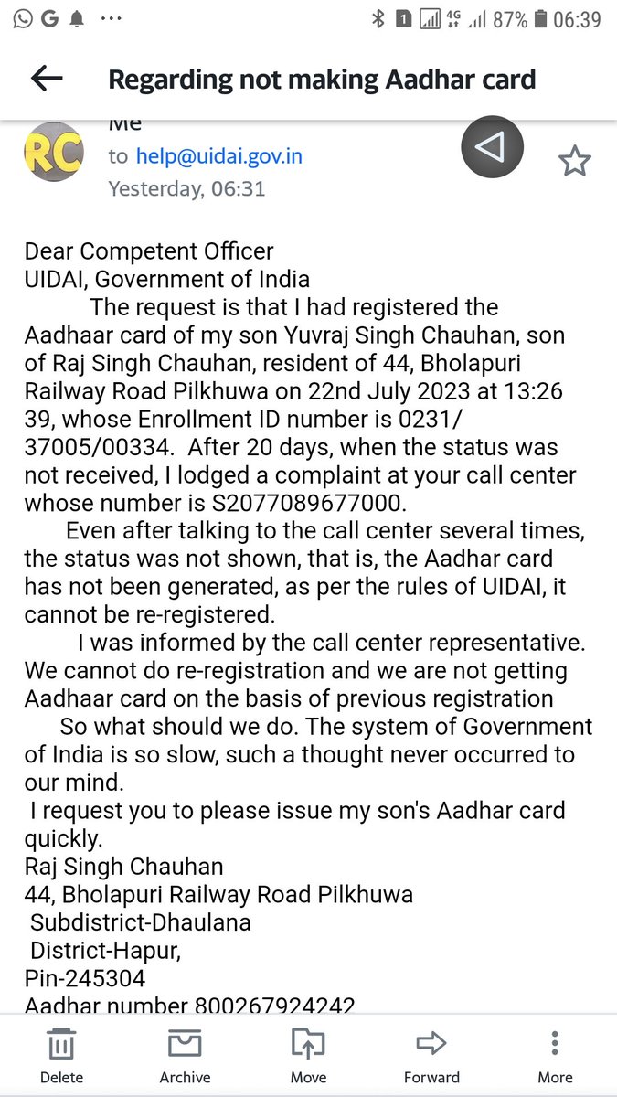 Bks_up's tweet photo. @AshwiniVaishnaw Hon'bleMinister
Shri Ashwini Vaishnaw ji,Sir I had registered for making Aadhaar card of my son Yuvraj Singh Chauhan on 22 July 2023 at 13:26:39, whose enrollment https://t.co/QDD5WAXv1J 0231/37005/00334.  
 After waiting for a month, https://t.co/drh0mGzsUE