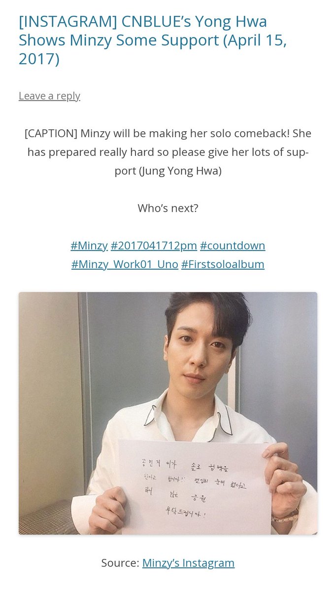 INFO, 12.09.23 — Minzy seguiu Jung Yong Hwa (CNBLUE) no Instagram. 

Uma curiosidade é que ele apoiou a Minzy no seu Debut solo com 'Work Uno' em 2017 💜 

📸 instagram.com/_minzy_mz

#Minzy #공민지 <a href="/mingkki21/">Minzy</a>