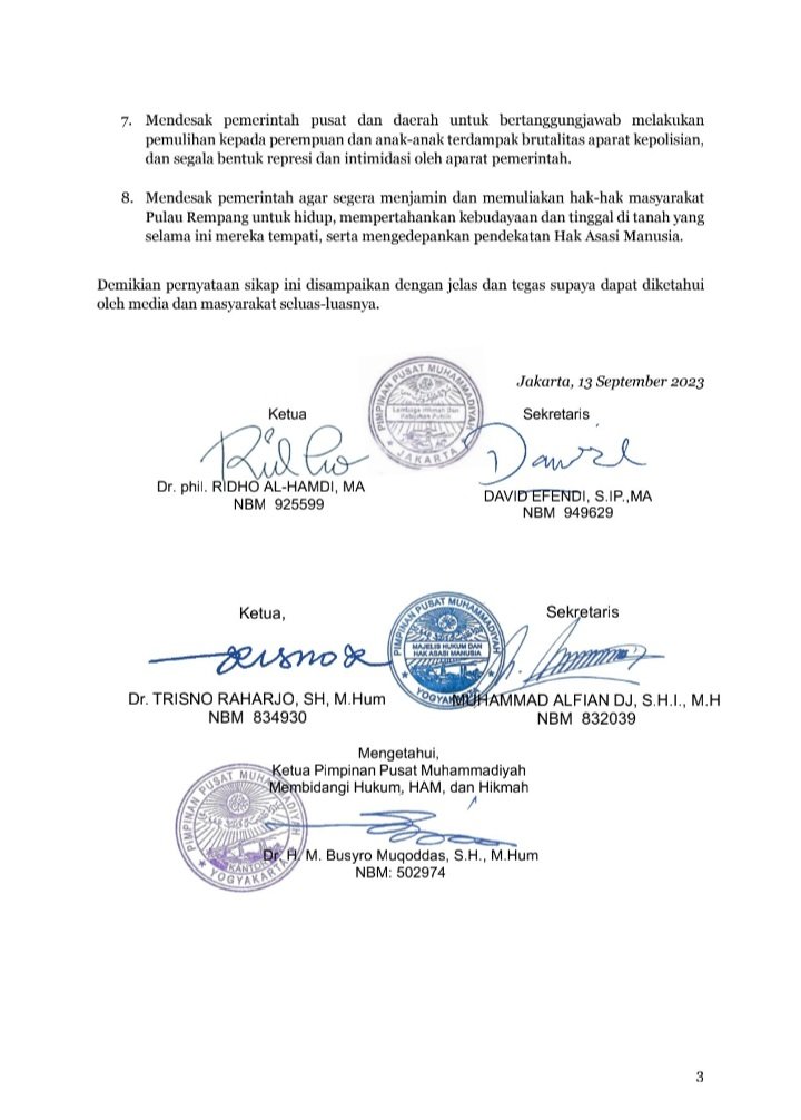 Yth Media &amp; Pers

Berikut ini pernyataan pers LHKP bersama MHH PP MUHAMMADIYAH dlm menyikapi apa yg sedang terjadi di Pulau Rempang, Kepri. 

Salam