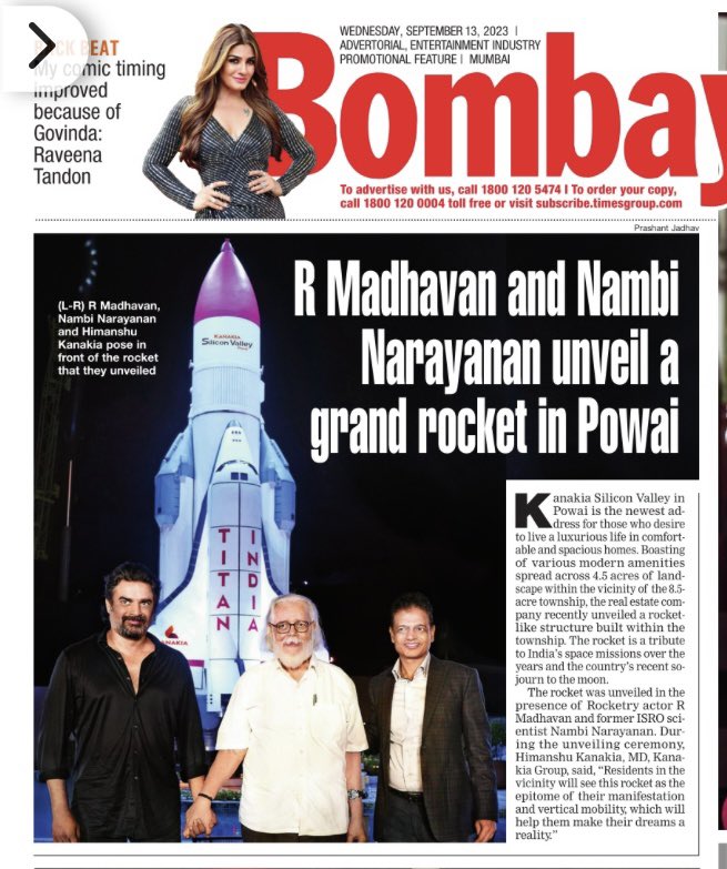 girishwankhede's tweet photo. Today’s #BombayTimes #kanakiasiliconvalley #RMadhavan #Nambinarayanan 
#entityonepr #wankhedebrothersmedia  #LokuttaraProductions https://t.co/hSc5mWSiHM