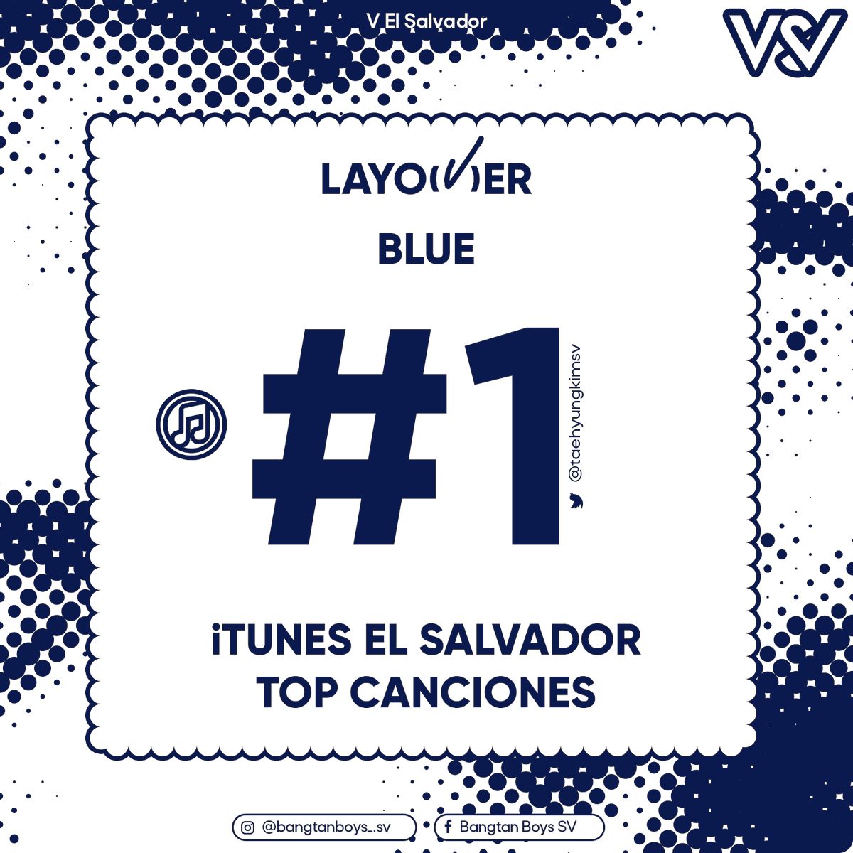 taehyungkimsv's tweet photo. [iTunes El Salvador 🇸🇻]

— Top Canciones
1. 'Blue' | V (Kim Taehyung)

¡Felicitaciones a V por este logro! ¡Continuemos apoyando esta canción en todas las plataformas de música! 💙

#뷔 #BlueByV #V_Blue #Blue #V #LAYOVERbyV #Layover #LAYOVER_V #V_Layover https://t.co/HNZ8ab5e2F