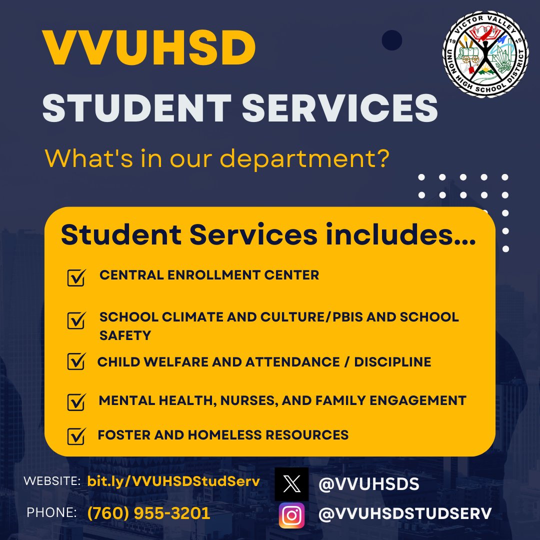 Wondering what we handle in Student Services? See the flyer below for more information and our handles. #WeAreHeretoServe @VVUHSD