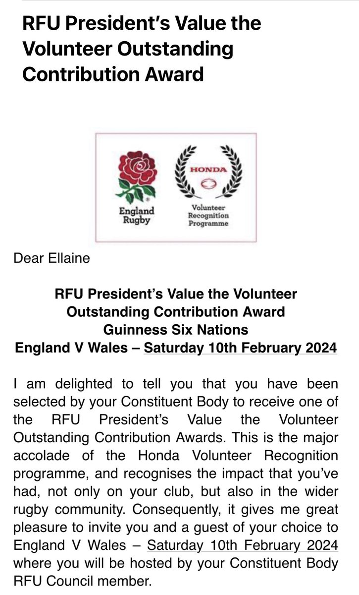 So grateful to be awarded the RFU President’s Value the Volunteer Outstanding Contribution Award for my work in the rugby community. I started <a href="/FindRugbyNow/">FindRugbyNow</a> over 11 yrs ago &amp; have been a director of <a href="/TheVarsityMatch/">TheVarsityMatch</a> &amp; <a href="/OURFCblues/">OURFC</a> for 5 years. Thank you <a href="/EnglandRugby/">England Rugby</a> and <a href="/Honda_UK/">Honda UK</a>