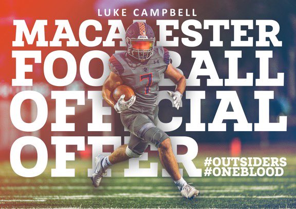 Blessed and very grateful to receive my second offer from <a href="/MacalesterFB/">Macalester Football</a> <a href="/Phil_Nicolaides/">Phil Nicolaides</a> <a href="/Coach_Artinian/">Kyle Artinian</a> 
#OUTSIDERS
#oneblood