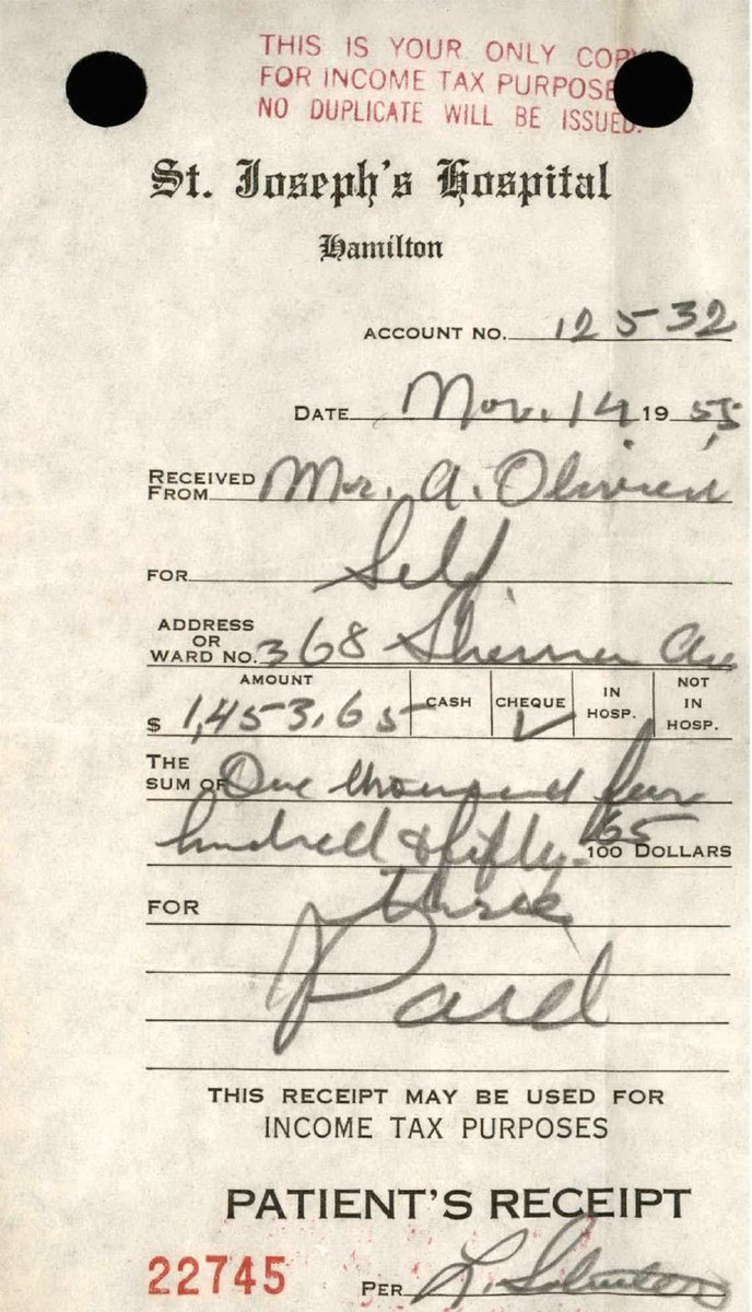 DrNancyOlivieri's tweet photo. 🙏 to my grandfather-a record of a #ForProfit health care system before #Medicare. In 1955 he paid $15,000 (2023 $) for one hospital visit.
For anyone who thinks this isn't possible as @fordnation starves public healthcare, you should see the other bills.
https://t.co/Kc85Z2hYqx https://t.co/zZ4gmaeSLm