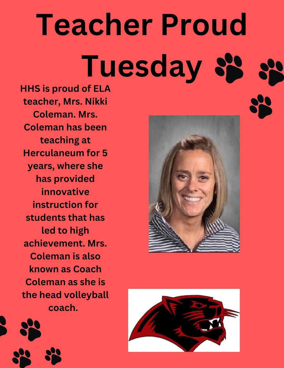 On this #TeacherProudTuesday Herculaneum HS would like to spotlight Coach Coleman from @HerkyVolleyball. Thank you for all you do for the Blackcats, Coach Coleman! @EducPlus @DrClintFreeman #wearetheblackcats