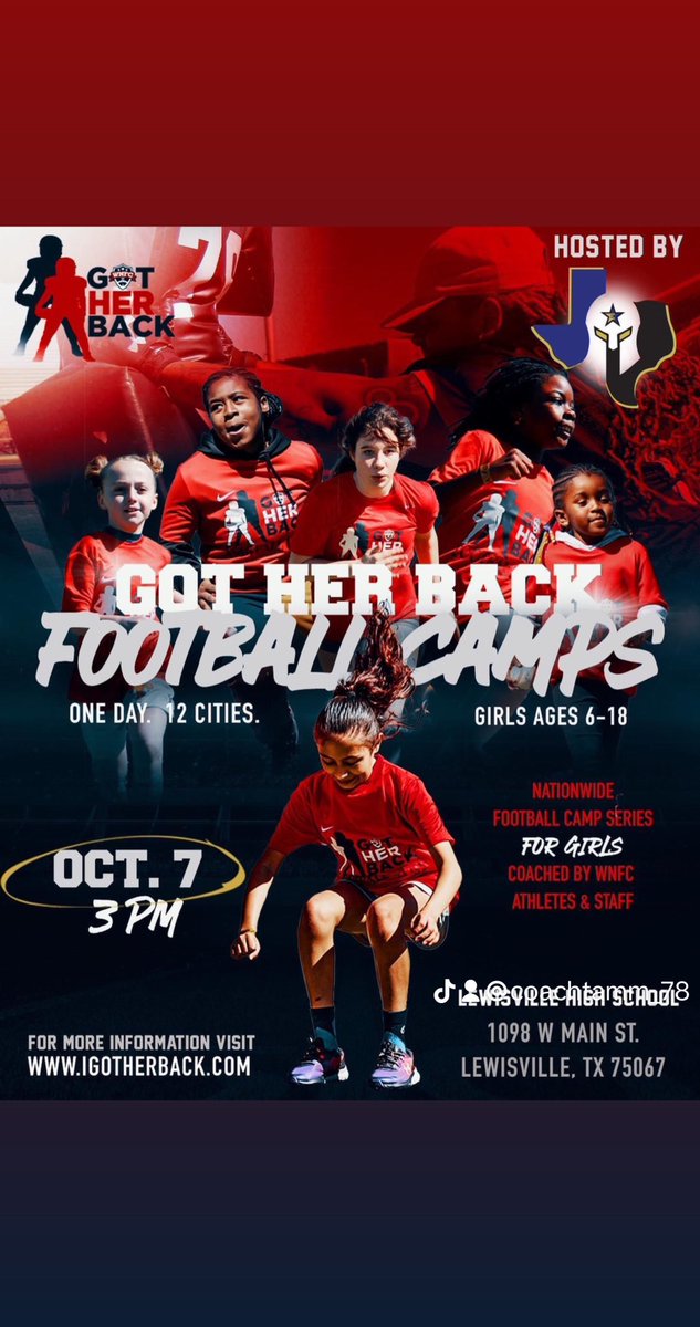 Tammie Moore (@coachtamm_78) on Twitter photo SATURDAY OCTOBER 7, 2023 <a href="/TXEliteFootball/">Texas Elite Spartans</a> will be hosting the Got Her Back football clinic! If you’re in the the DFW make sure you sign up for this FREE EVENT! Girls b/w the ages of 6–18 are welcomed. Make sure you spread the word!!
DFW Sign-UP: igotherback.com/camps SATURDAY OCTOBER 7, 2023 <a href="/TXEliteFootball/">Texas Elite Spartans</a> will be hosting the Got Her Back football clinic! If you’re in the the DFW make sure you sign up for this FREE EVENT! Girls b/w the ages of 6–18 are welcomed. Make sure you spread the word!!
DFW Sign-UP: igotherback.com/camps