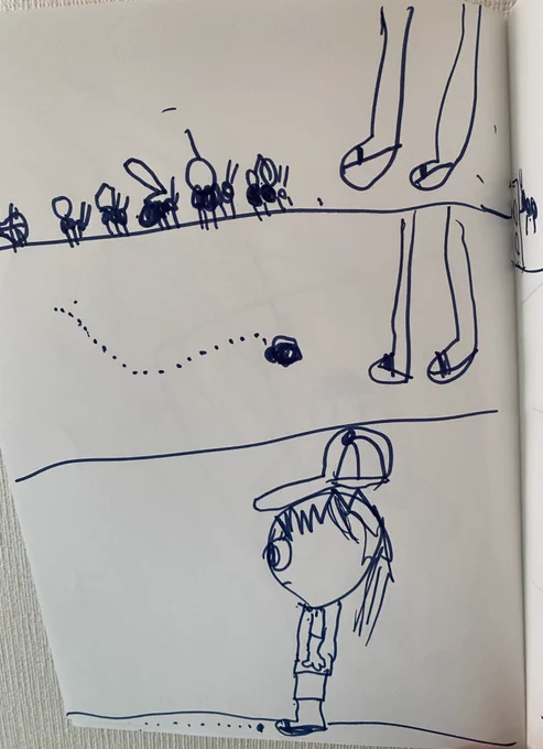娘ちゃんのノート見てみたら漫画みたいなのが描いてあった。
視点変えたり横向きの人間上手かったりしてて天才か?!朝からびっくりしちゃったな。
次のページからはちゃんとあり達の巣の中描いてる。 