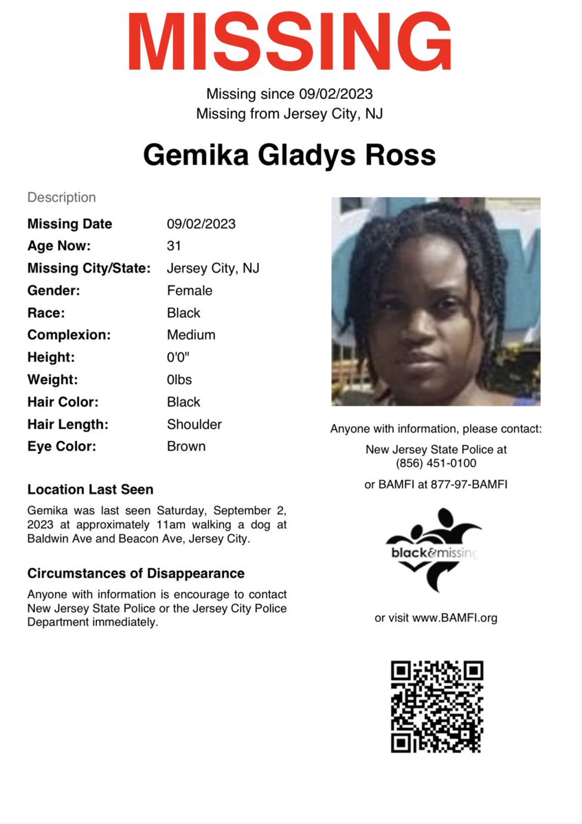 BAM_FI's tweet photo. Jersey City, NJ: 31 y/o Gemika Ross was last seen on September 2nd at around 11am, walking a dog at Baldwin Ave &amp; Beacon Ave. *Height &amp; weight weren’t immediately available* #HelpUsFindUs #GemikaRoss https://t.co/TXaOHe8msO
