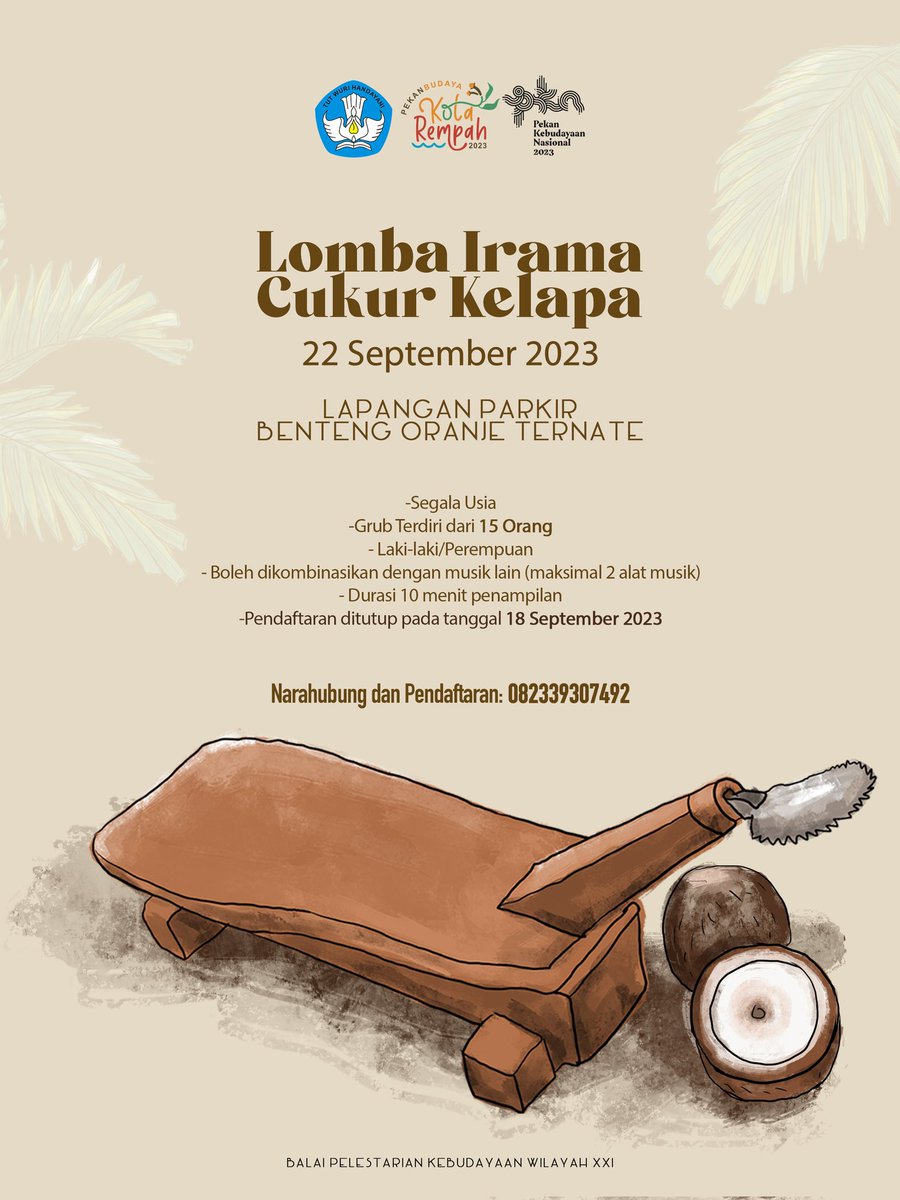 bpkxxi's tweet photo. Mau tau salah satu lomba yang akan diselenggarakan di Festival Pekan Budaya Kota Rempah? Ini dia lomba Irama Cukur Kelapa yang biasa dimainkan pada saat Liliyan (gotong royong dalam hajatan). https://t.co/J15ASZQ6Ii