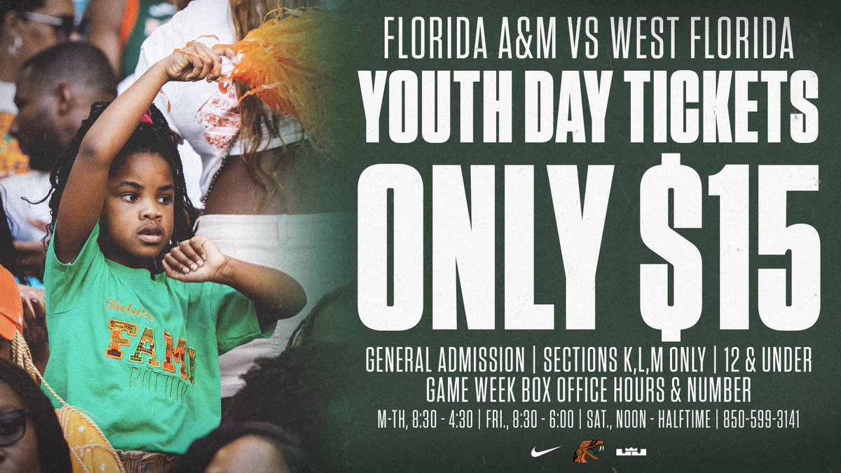 FAMUAthletics's tweet image. 🚨 YOUTH DAY TICKETS AVAILABLE NOW 🚨  

#RattlerNation, head to the Al Lawson Box Office this week to purchase $15 tickets for your baby Rattler.   

#FAMU | #FAMUly | #Rattlers | #FangsUp 🐍