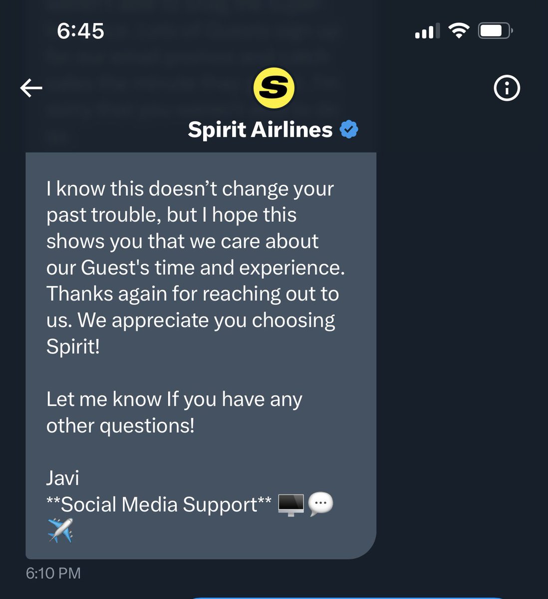 idanielak's tweet photo. No it does not change the past trouble &amp; no it ABSOLUTELY does not show you care about your guests!! @SpiritAirlines and the next response is just more prerecorded bs! https://t.co/hmoidqJtQl