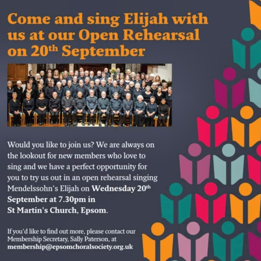 Here is a lovely opportunity to spend an evening in the company of Mendelssohn. Join us at our free open rehearsal, sing through Elijah, and see why we love our Wed nights under the baton of @collingsjm @AshteadChoral @LeatherheadChor @epsomchmbrchoir @V7sus