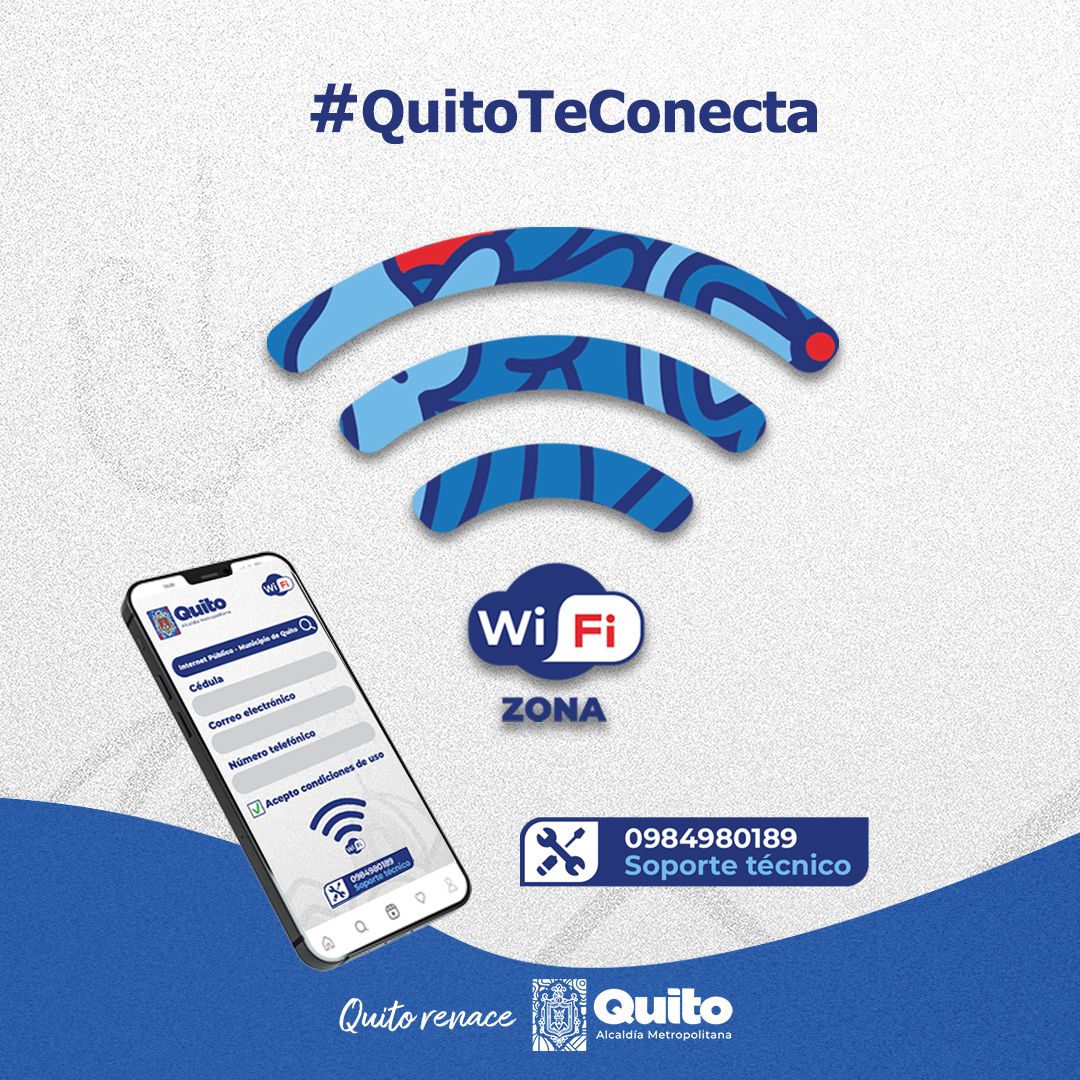MunicipioQuito's tweet photo. 📲 #QuitoTeConecta | Con la red wifi municipal podrás mandar mensajes, fotos, videos, comunicarte con tu familia y amigos desde cualquiera de los 1.000 puntos disponibles en varios sectores de la ciudad.

#QuitoRenace conectado https://t.co/JFmMjrWH6r