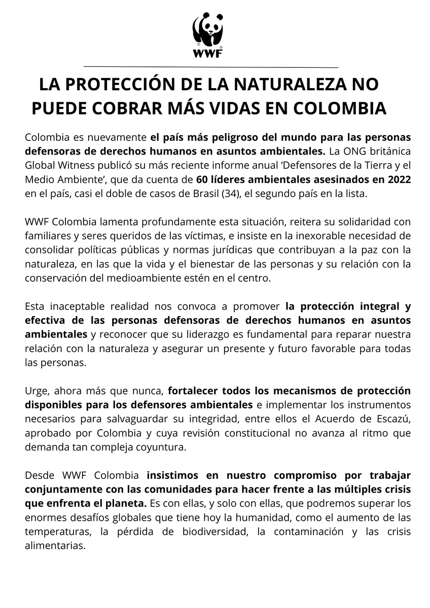 WWFColombia's tweet photo. Una noticia que lamentamos profundamente. De nuevo, Colombia es el país más con mayor número de asesinatos de personas defensoras de derechos humanos en asuntos ambientales, según el informe de @Global_Witness, que en 2022 registró 60 casos. https://t.co/SI4OOoOylE