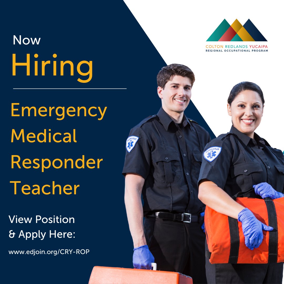 📢 Now hiring for the position of Emergency Medical Responder Teacher!  If you are an experienced medical first responder and have a passion for building up the workforce of tomorrow, click this link to learn more: ow.ly/Bbwu50PKlxH #jobs #CRYROP #Education #ROPJobs #CTE