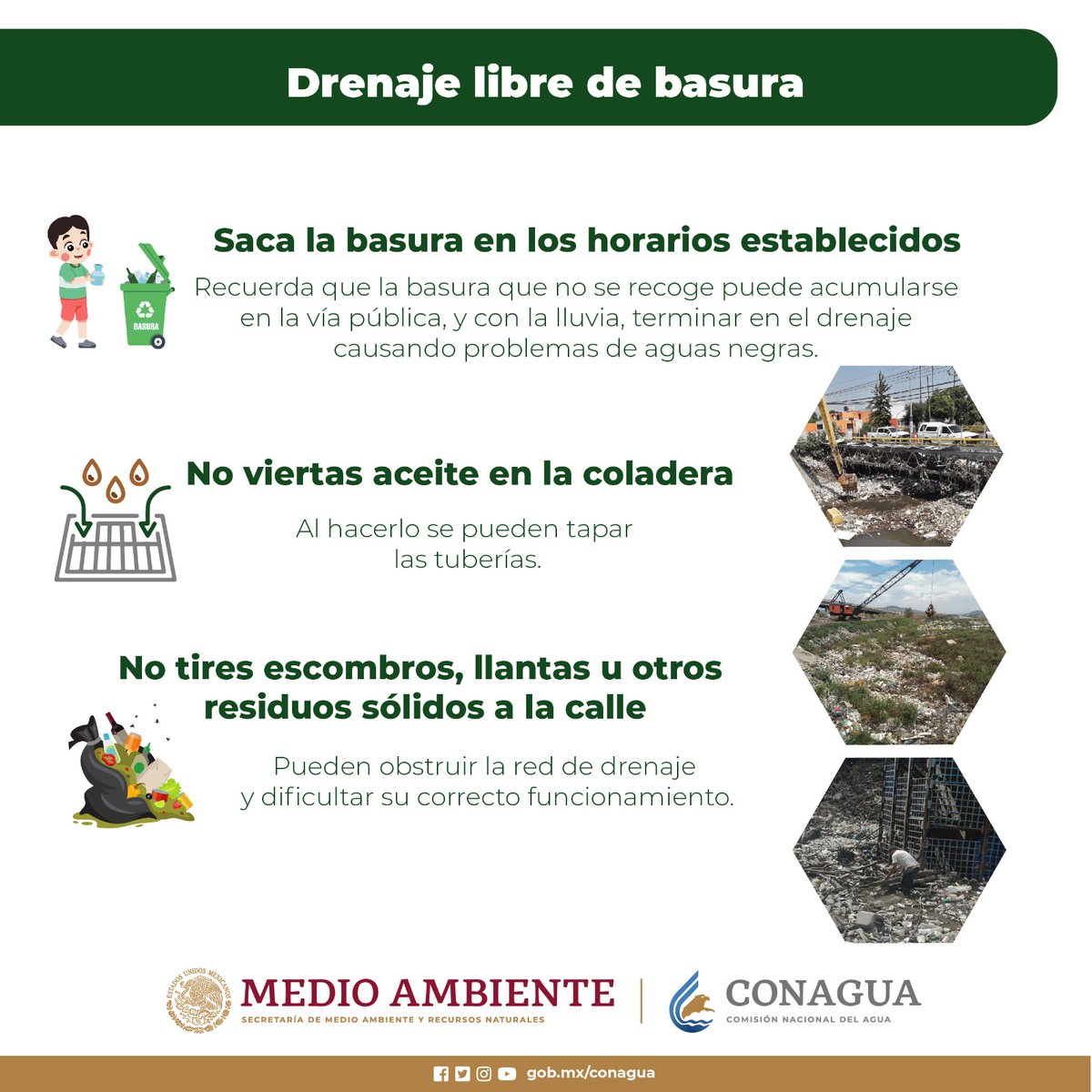 conagua_mx's tweet photo. #TomaNota
En la #TemporadaDeLluvias, mantener limpia tu calle y coladera es fundamental para evitar inundaciones. 

Es indispensable poner siempre la basura en su lugar, ya que 50% de las inundaciones son provocadas por taponamiento en las coladeras y drenajes https://t.co/XZ5DS5Hi0U