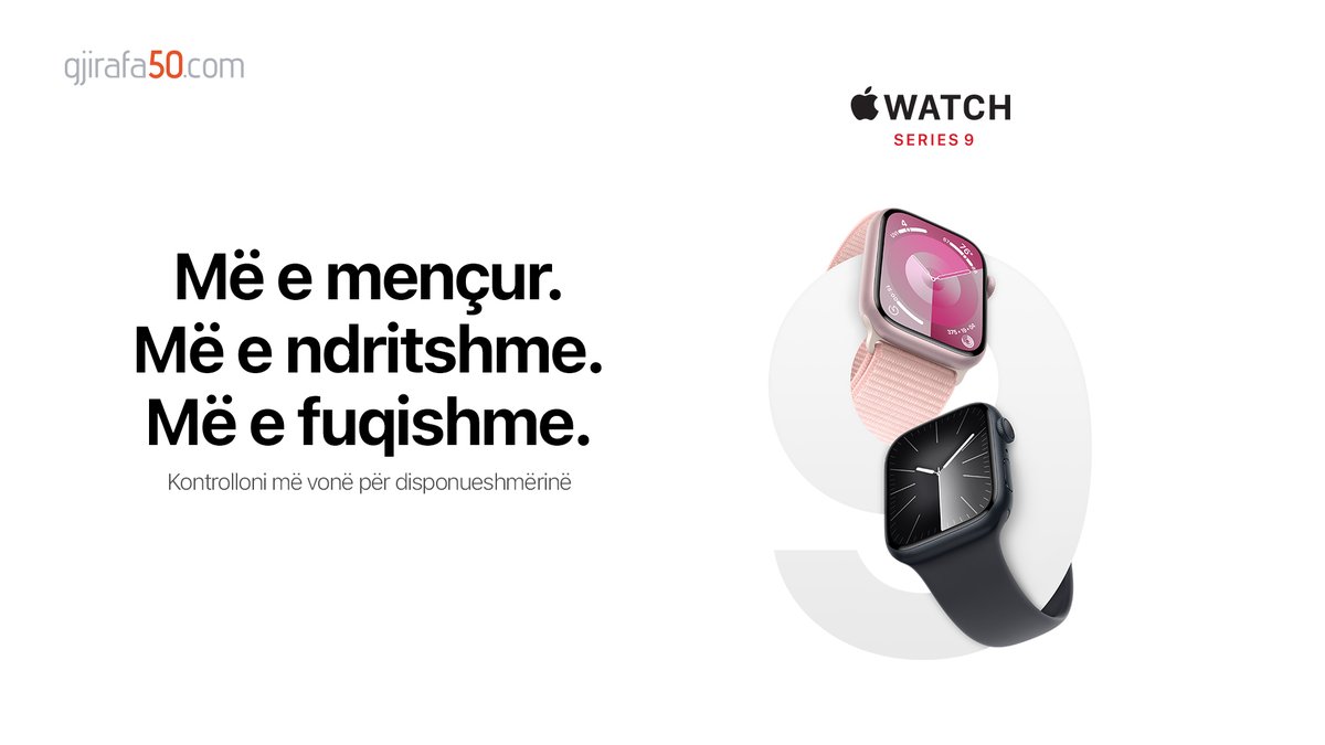 "Apple Watch Series 9 ju ndihmon të qëndroni të lidhur, aktiv, të shëndetshëm, dhe të sigurtë. Me double tap, një mënyrë magjike për të ndërvepruar me Apple Watch, një ekran edhe më të ndritshëm, si dhe Precision Finding për iPhone.
Së shpejti në Gjirafa50.com
