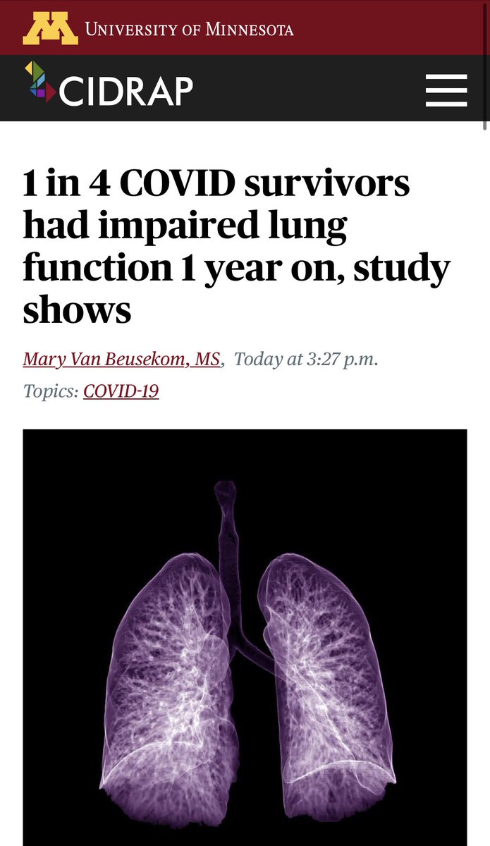 💡1 in 4 COVID survivors had impaired lung function 1 year on—#LongCovid is real. 

Of initial #COVID19, this many had impaired lungs:

📌MILD: 1 in 10 patients (11%)!!!

📌MODERATE: 1 in 5 (22%)

📌SEVERE: 1 in 2 (48%)

➡️Don’t play COVID roulette.
cidrap.umn.edu/covid-19/1-4-c…