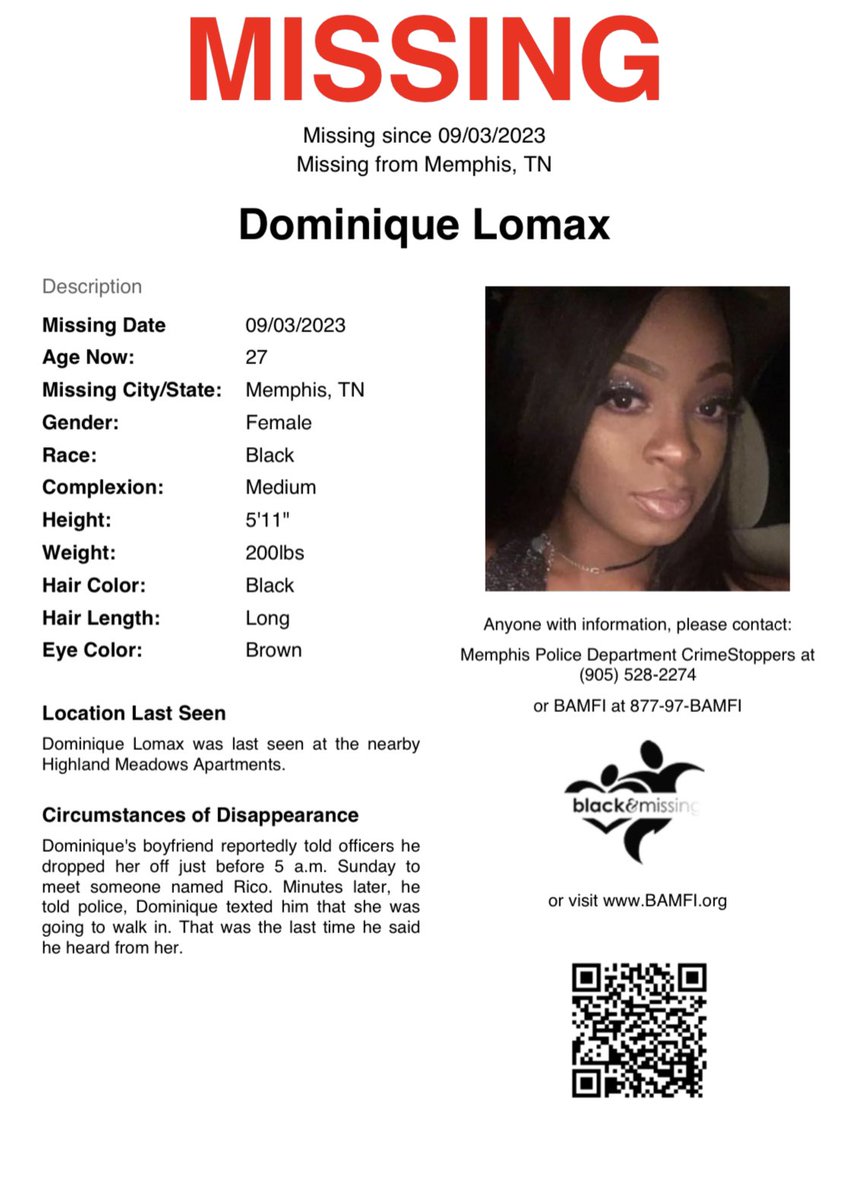 BAM_FI's tweet photo. Memphis, TN: 27 y/o #DominiqueLomax was last seen on Sept 3rd near Highland Meadows Apartments. Her boyfriend reported that he dropped her off before 5am to meet someone named Rico. She texted him saying she was walking in &amp; that was the last time he heard from her. #HelpUsFindUs https://t.co/E3juKdaHUR