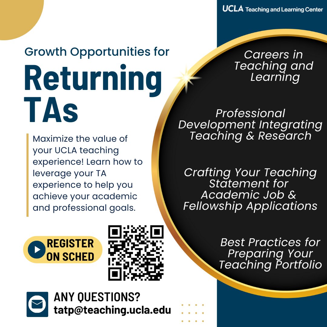 Our 50th Annual TA Conference (Sept 9/18-22) will be offering workshops to maximize the value of your UCLA teaching experience! Learn how to leverage your TA experience to help you achieve your academic and professional goals! taconference2023.sched.com