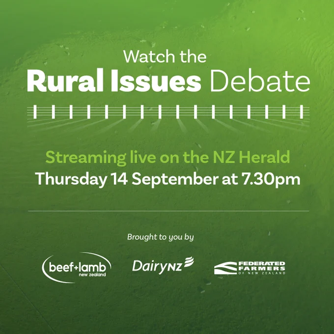 Don't forget to tune in tomorrow Thursday 14th September at 7.30pm for the Rural Issues Debate with @DamienOConnorMP @toddmcclaymp, Eugene Sage @NZGreens , Andrew Hoggard @actparty , Mark Patterson @NZfirst, and Heather du Plessis-Allan moderating. We even hear some rural pubs…