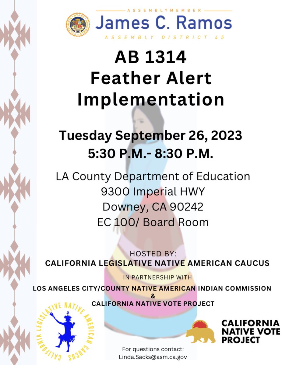 AsmJamesRamos's tweet image. LA County has the largest population of Native Americans of any county in the nation. Join my team and me for our Roundtable Implementation event for AB1314, Feather Alert. Come learn how this alert could save your loved one with proper implementation in LA Co. 

#featheralert