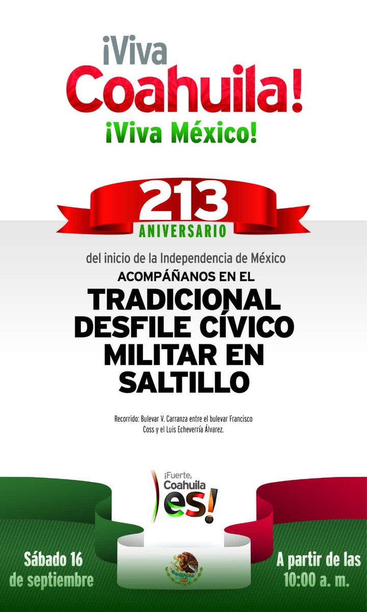 mrikelme's tweet photo. Te esperamos el sábado 16 de septiembre a las 10 a.m. en el Tradicional Desfile Cívico Militar que se llevará a cabo en #Saltillo.

¡No faltes! https://t.co/mQZkN0EoJV