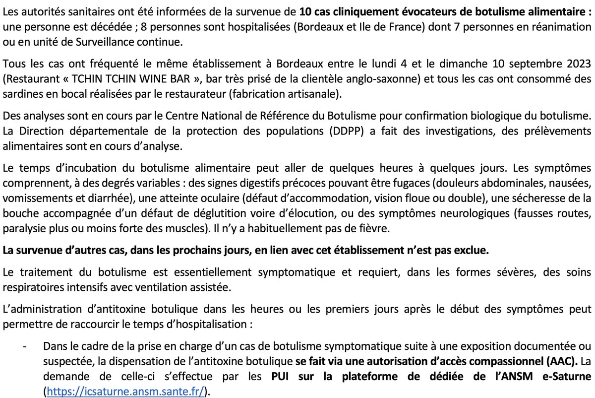 🚨DGS urgent : cas de botulisme en lien avec fréquentation d’un restaurant à Bordeaux🚨

👉pour le moment : 10 cas, 8 hospitalisés, 7 réas, 1 décès
👉 tous ont fréquenté le « Tchin Tchin Wine Bar », source probable : sardines en bocal
👉 identification rapide ++ nécessaire