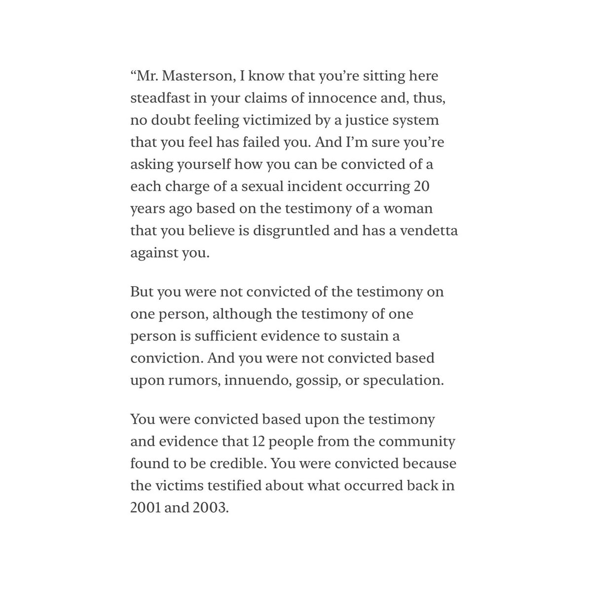 Many people are focusing on what celebrities think of Danny Masterson. We must focus on what the survivors think of him and how he and Scientology impacted their lives. That's why I have published the victim impact statements of the three women who Masterson was charged with…