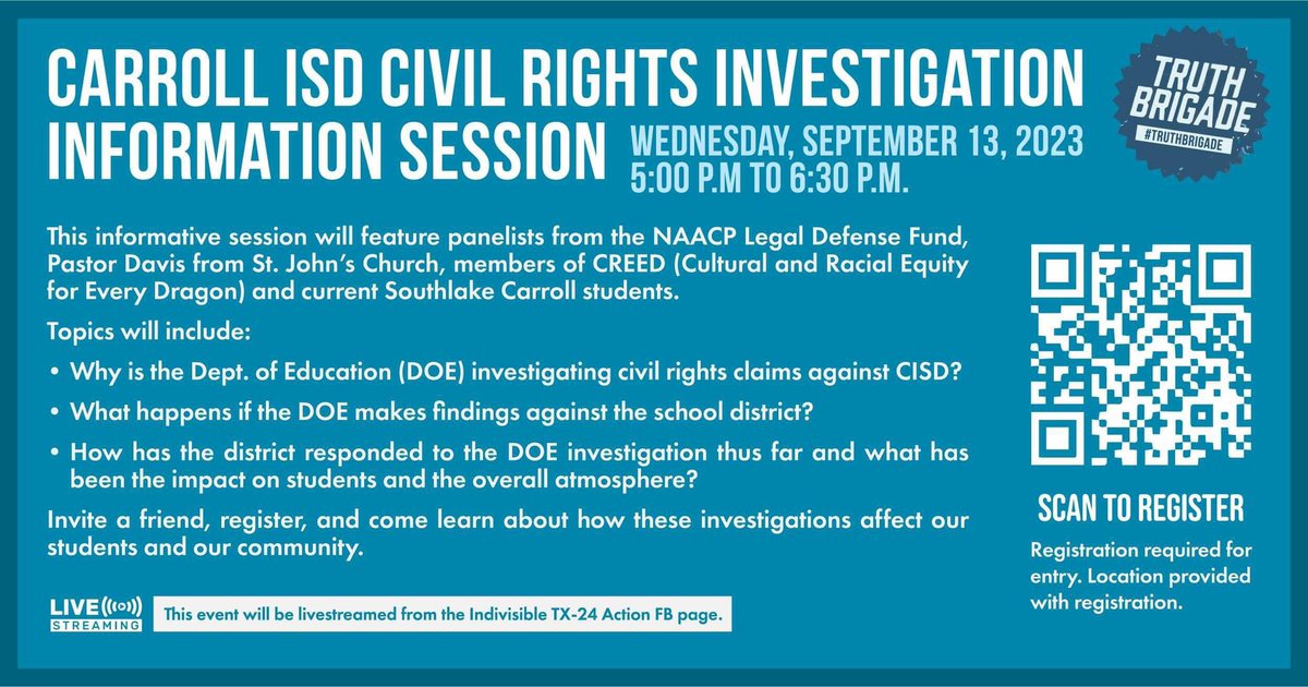 Please join us tomorrow at 5:00pm to learn more about the civil rights investigation of CISD!✨
