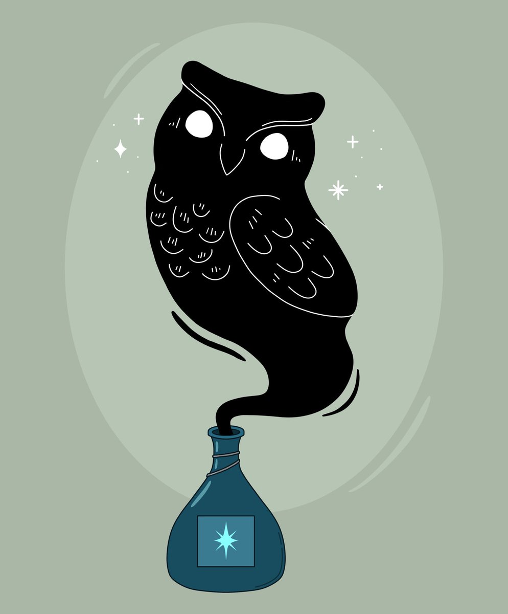 MadMasterDgn's tweet photo. A wispy owl with inky feathers has come from the bottle you just uncorked. Do you accept it as your familiar?  ✨

This piece was inspired by an owl statue I found at the ren faire that costed $1. #dnd #procreate #dungeonsanddragons https://t.co/bUMYVtz8S7