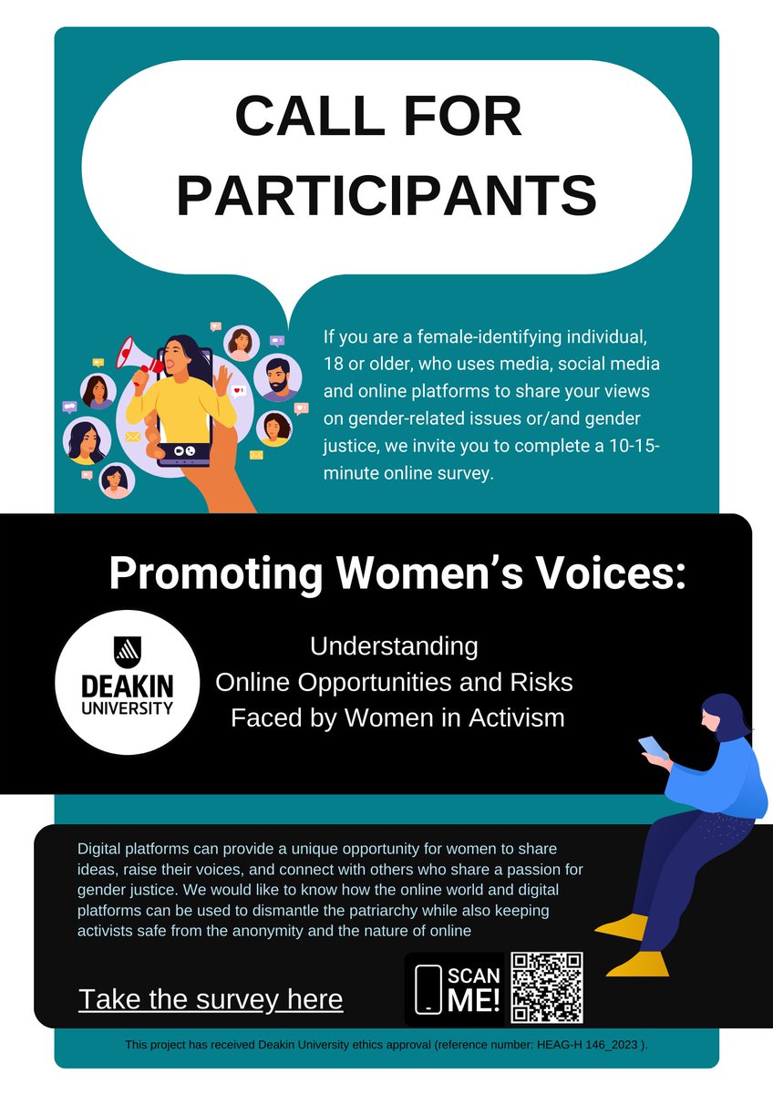 Call for participants for our new research project on “Promoting Women’s Voices: Understanding the Online Opportunities and Risks Faced by Women in Activism in Australia. This is a 10-15 minute anonymous survey. The link is researchsurveys.deakin.edu.au/jfe/form/SV_9u… 
More info