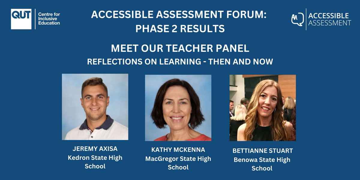 Upcoming #AccessibleAssessment Forum Highlight:
Session: 'Reflections on Learning - Then and Now', 06 October 2023📌Dive deep into learning's transformative journey with the experts: teacher panelists Jeremy Axisa, Kathy McKenna, and Bettianne Stuart.
research.qut.edu.au/c4ie/events/ac…