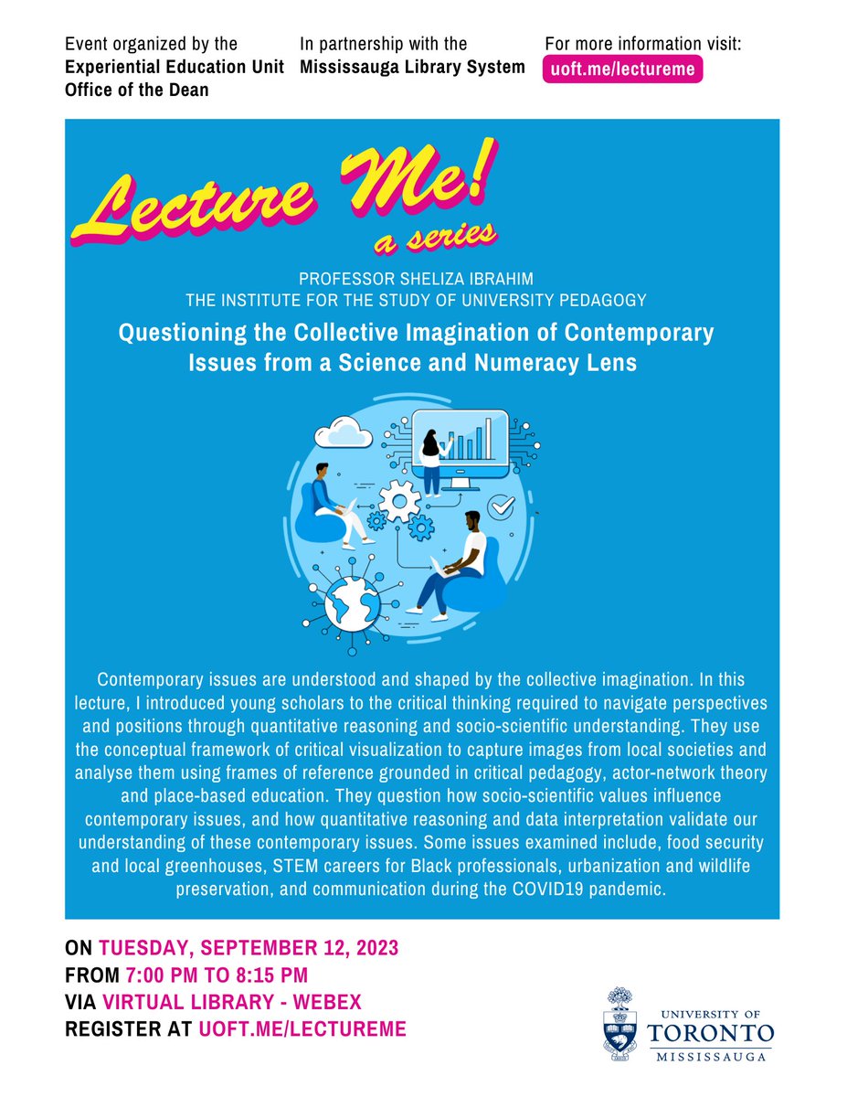 DeansOffice_UTM's tweet photo. "What have I left undone?" and education as a "beautiful place of transformation."

The first #lectureme of the 2023-34 academic term is just getting underway with Professor Sheliza Ibrahim @utmisup. https://t.co/CrDJLK2kUa