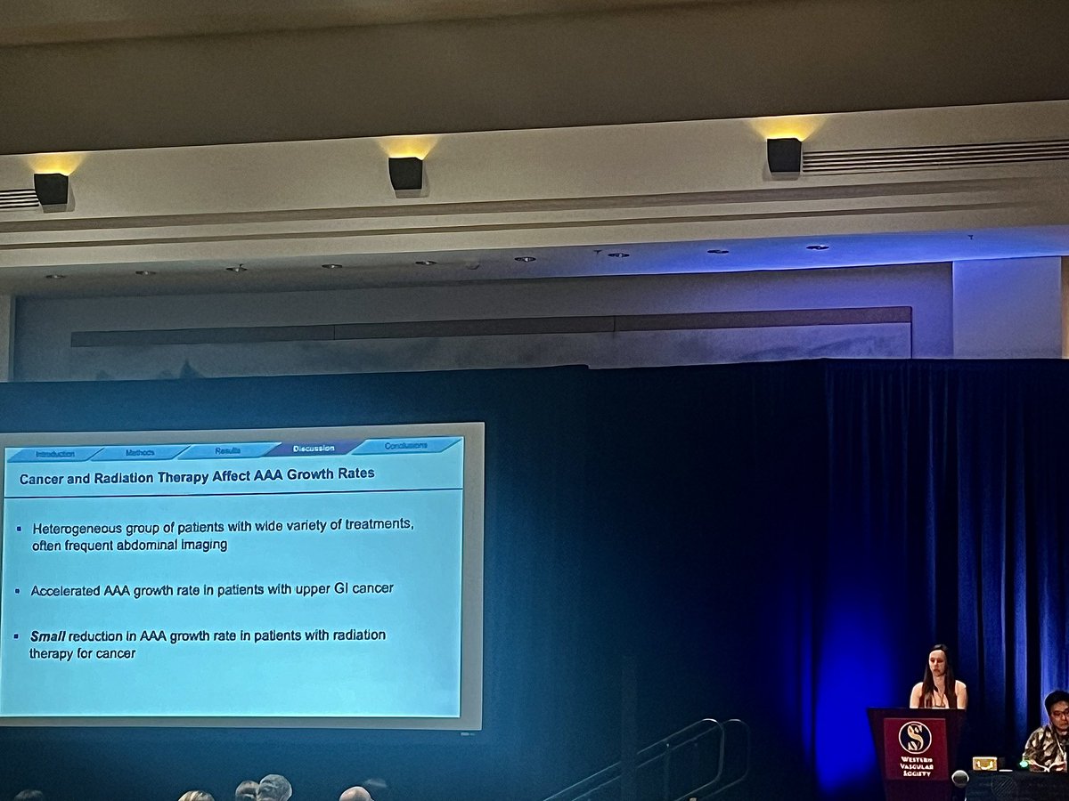 Our Senior Fellow, Dr. Elizabeth Lancaster, kicking off the last day of #WVS2023 on Slowed Abdominal Aortic Aneurysm Growth in Patients with Concurrent Malignancy @elancastermd @WestVascular #WesternVascularSociety
