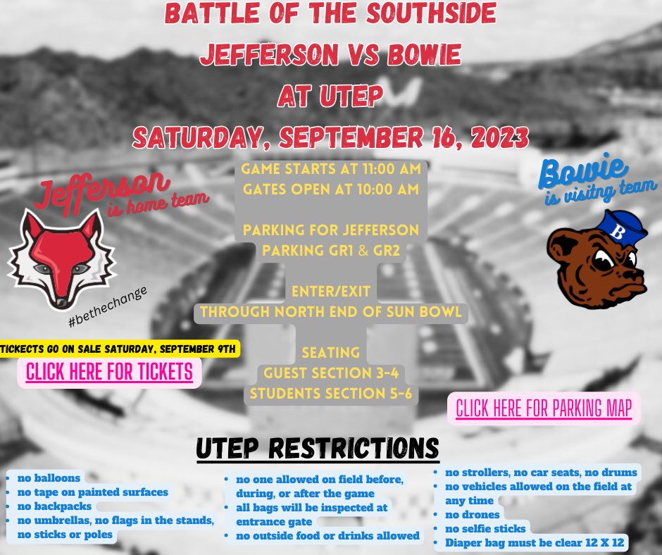 J/S Silver Foxes (@viva_lajeff) on Twitter photo Join us 9/16 at 11am at the Sun Bowl for one of the biggest rivalries in the state of Texas!
“THE BATTLE OF THE SOUTHSIDE”
Please view the flyers below for information on parking, and restrictions.
 To purchase your tickets follow the link below 
episd.org/onlinetickets Join us 9/16 at 11am at the Sun Bowl for one of the biggest rivalries in the state of Texas!
“THE BATTLE OF THE SOUTHSIDE”
Please view the flyers below for information on parking, and restrictions.
 To purchase your tickets follow the link below 
episd.org/onlinetickets
