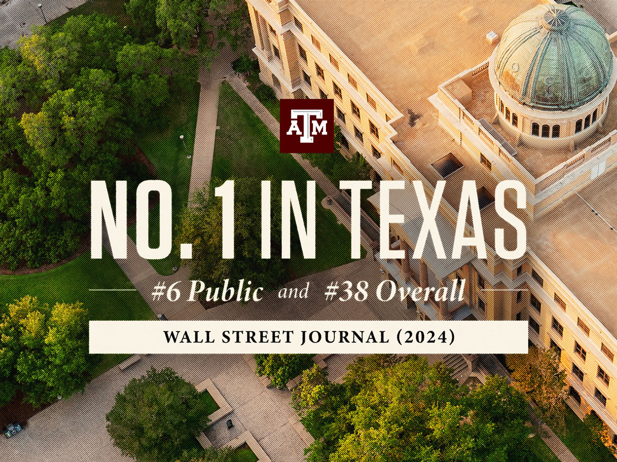 Texas A&amp;M was named the top university in Texas by <a href="/WSJ/">The Wall Street Journal</a>! Whoop!

Read more, Ags: tx.ag/WSJ2024