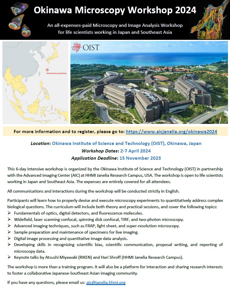 AIC at Janelia (@aicjanelia) on Twitter photo Calling all life science researchers working in #Singapore!
Registration is open for the Okinawa #Microscopy Workshop 2024. Please RT & apply: aicjanelia.org/okinawa2024
<a href="/govsingapore/">Singapore Government</a> <a href="/SingaScope/">SingaScope</a> <a href="/NUSingapore/">NUS</a> <a href="/NTUsg/">NTU Singapore</a> <a href="/ASTARsg/">A*STAR</a> <a href="/SCELSE_SG/">SCELSE</a> <a href="/dukenus/">Duke-NUS Medical School</a> <a href="/MBIsg/">Mechanobiology Institute</a> <a href="/sutdsg/">SUTD Singapore</a> <a href="/sutdsg/">SUTD Singapore</a> <a href="/SingHealthSG/">SingHealth</a> Calling all life science researchers working in #Singapore!
Registration is open for the Okinawa #Microscopy Workshop 2024. Please RT & apply: aicjanelia.org/okinawa2024
<a href="/govsingapore/">Singapore Government</a> <a href="/SingaScope/">SingaScope</a> <a href="/NUSingapore/">NUS</a> <a href="/NTUsg/">NTU Singapore</a> <a href="/ASTARsg/">A*STAR</a> <a href="/SCELSE_SG/">SCELSE</a> <a href="/dukenus/">Duke-NUS Medical School</a> <a href="/MBIsg/">Mechanobiology Institute</a> <a href="/sutdsg/">SUTD Singapore</a> <a href="/sutdsg/">SUTD Singapore</a> <a href="/SingHealthSG/">SingHealth</a>