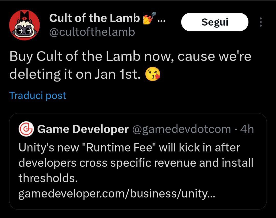 TheIndieDiarist's tweet image. Just a thread with some of the #IndieDevs rightly revolting against @unity’s new and predatory fees. Starting with, hear hear, @cultofthelamb…
Not exactly small fish I’d say
#Unity #GameDev #IndieGameDev #SoloDev
