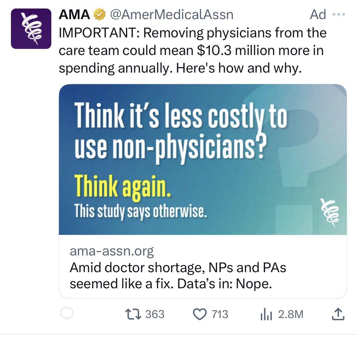 Jennifer Hartwell, MD FACS (@traumamom4) on Twitter photo The <a href="/AmerMedicalAssn/">AMA</a> could have chosen any hill to die on, and they chose this one. 🤦🏻‍♀️ 
They are showing just how out of touch they are. 
I love my APP colleagues; we are truly a team. I can’t do my job without them. 
Very poor move, AMA. The <a href="/AmerMedicalAssn/">AMA</a> could have chosen any hill to die on, and they chose this one. 🤦🏻‍♀️ 
They are showing just how out of touch they are. 
I love my APP colleagues; we are truly a team. I can’t do my job without them. 
Very poor move, AMA.