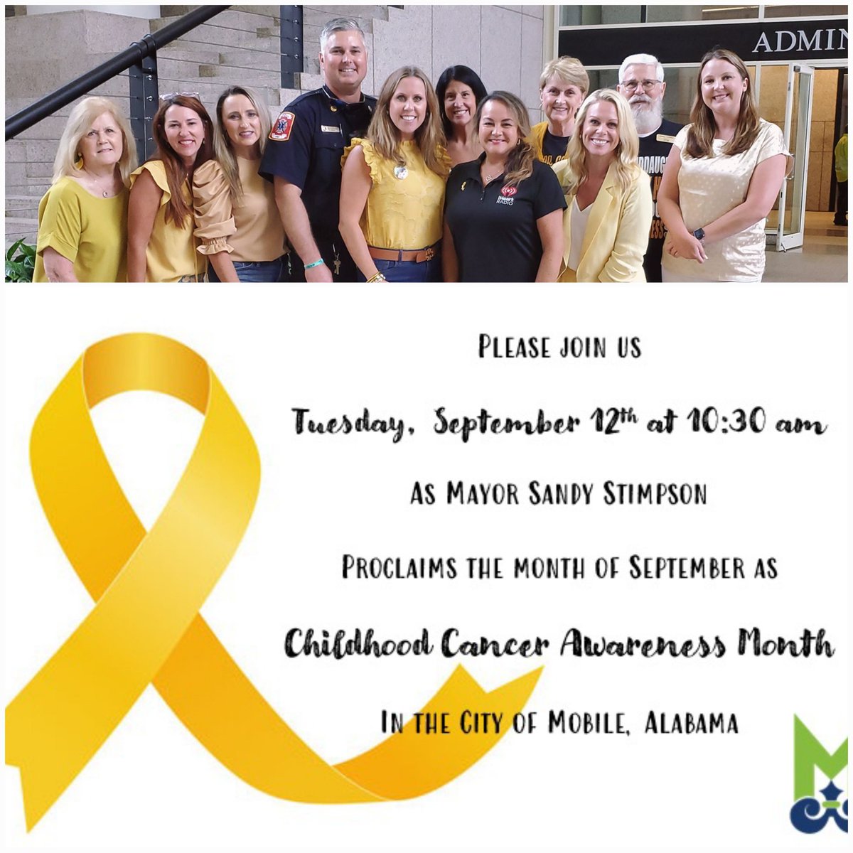 95KSJ's tweet photo. The @City_of_Mobile has proclaimed officially proclaimed September Childhood Cancer Awareness Month. Thank you to all of who help raise funds and awareness 💛 #September #healing #children #findingcures https://t.co/q3quKcJImh