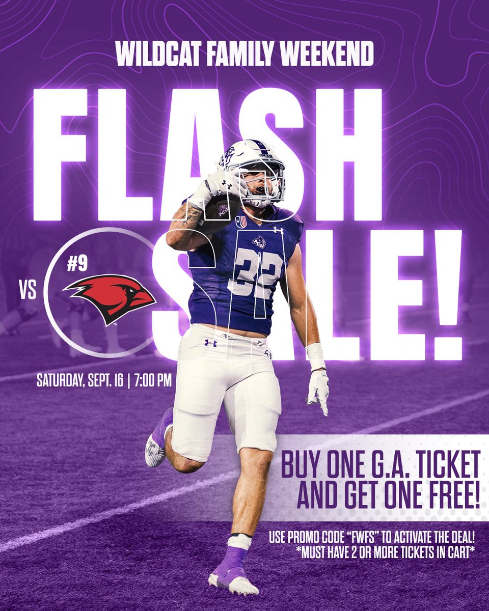 ACU Football (@acufootball) on Twitter photo π¨π
ππππ ππππ!!π¨
Buy 1 G.A. ticket & get another for π with our π
ππ¦π’π₯π² ππππ€ππ§π π.π.π.π ππππ₯!π£οΈπ£οΈ
Use promo code "FWFS" to get your π ticket NOW!‡οΈ
ποΈ: bit.ly/464aAeO
Deal ends at ππππππππ ππππππππ!β°
#CDT | #GoWildcats π¨π
ππππ ππππ!!π¨
Buy 1 G.A. ticket & get another for π with our π
ππ¦π’π₯π² ππππ€ππ§π π.π.π.π ππππ₯!π£οΈπ£οΈ
Use promo code "FWFS" to get your π ticket NOW!‡οΈ
ποΈ: bit.ly/464aAeO
Deal ends at ππππππππ ππππππππ!β°
#CDT | #GoWildcats