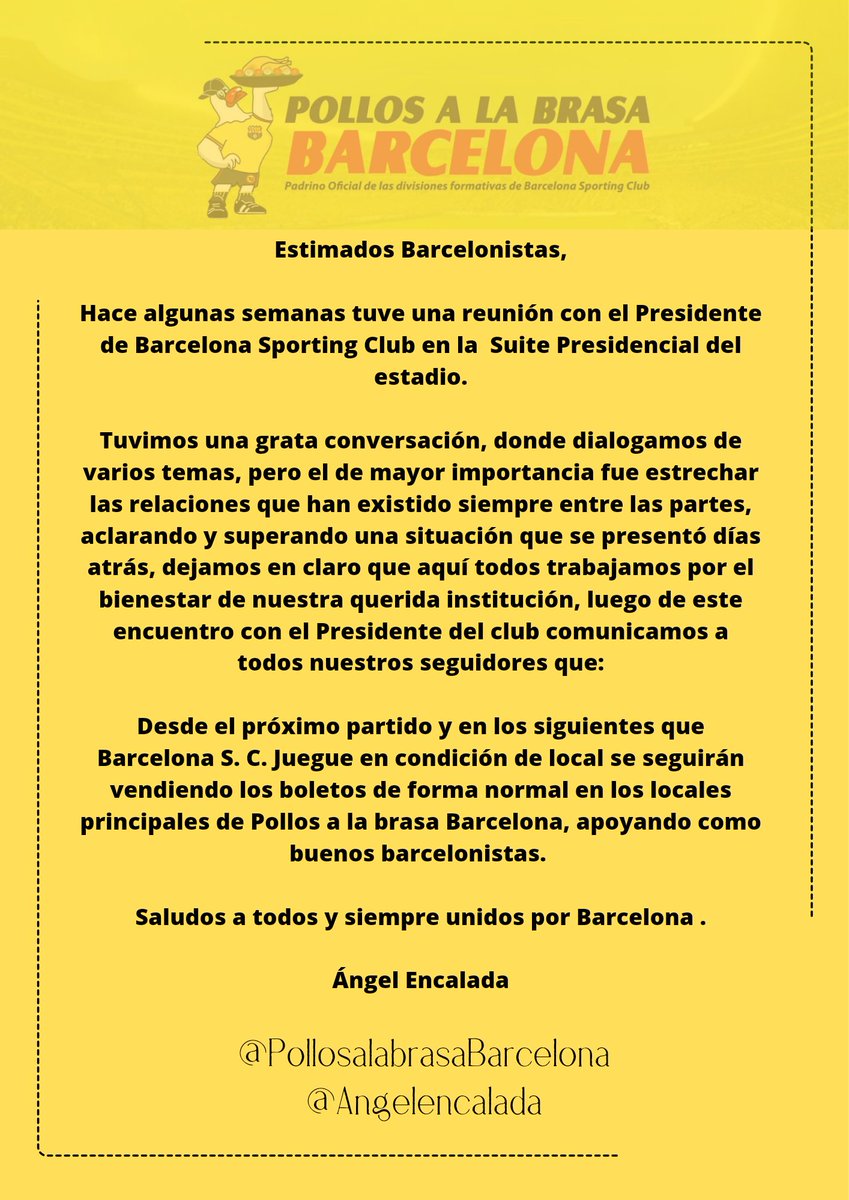 Conunicado para todos nuestros seguidores, hinchas y socios de <a href="/BarcelonaSC/">BARCELONA S.C.</a>.
