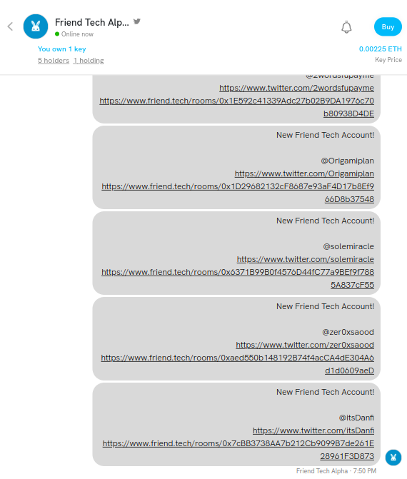 The <a href="/friendtech/">friend.tech</a> new account alerts bot is up and running! Get notified on new accounts as soon as they are created! Join FriendTechData_ for this exclusive data 🤯

🔑 Be the FIRST to buy keys. 
🧠 Capitalize on early investments. 
🔓 Gain access to unique friend tech insights