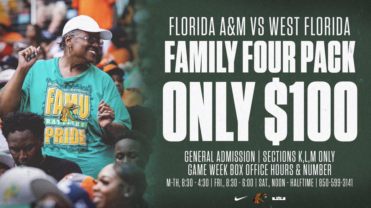 FAMUAthletics's tweet image. 🚨 Family Four Pack Deal 🚨

#RattlerNation, head to the Al Lawson Box Office this week to purchase your family four pack deal for the home opener versus West Florida. 

#FAMU | #FAMUly | #Rattlers | #FangsUp 🐍