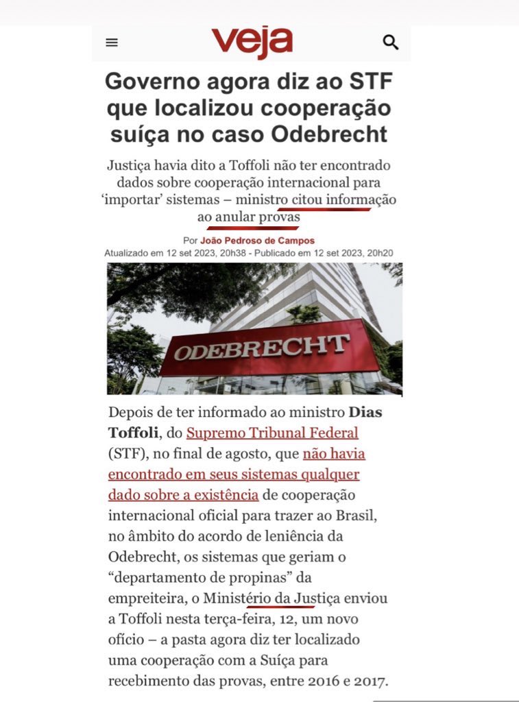 brom_elisa's tweet photo. Ops, achamos…😮‍💨😮‍💨

Ministério da Justiça volta atrás e diz que encontrou os dados da cooperação internacional no caso Odebrecht.

Lembrando que Toffoli descartou 
todas as provas reunidas no acordo de leniência da empreiteira, citando essa informação passada pelo  Departamento de Recuperação de Ativos e Cooperação Jurídica Internacional (DRCI),órgão ligado ao MJ, como um dos elementos a evidenciar que o material dos “sistemas da propina” da Odebrecht havia sido obtido de maneira ilegal.

Via @VEJA